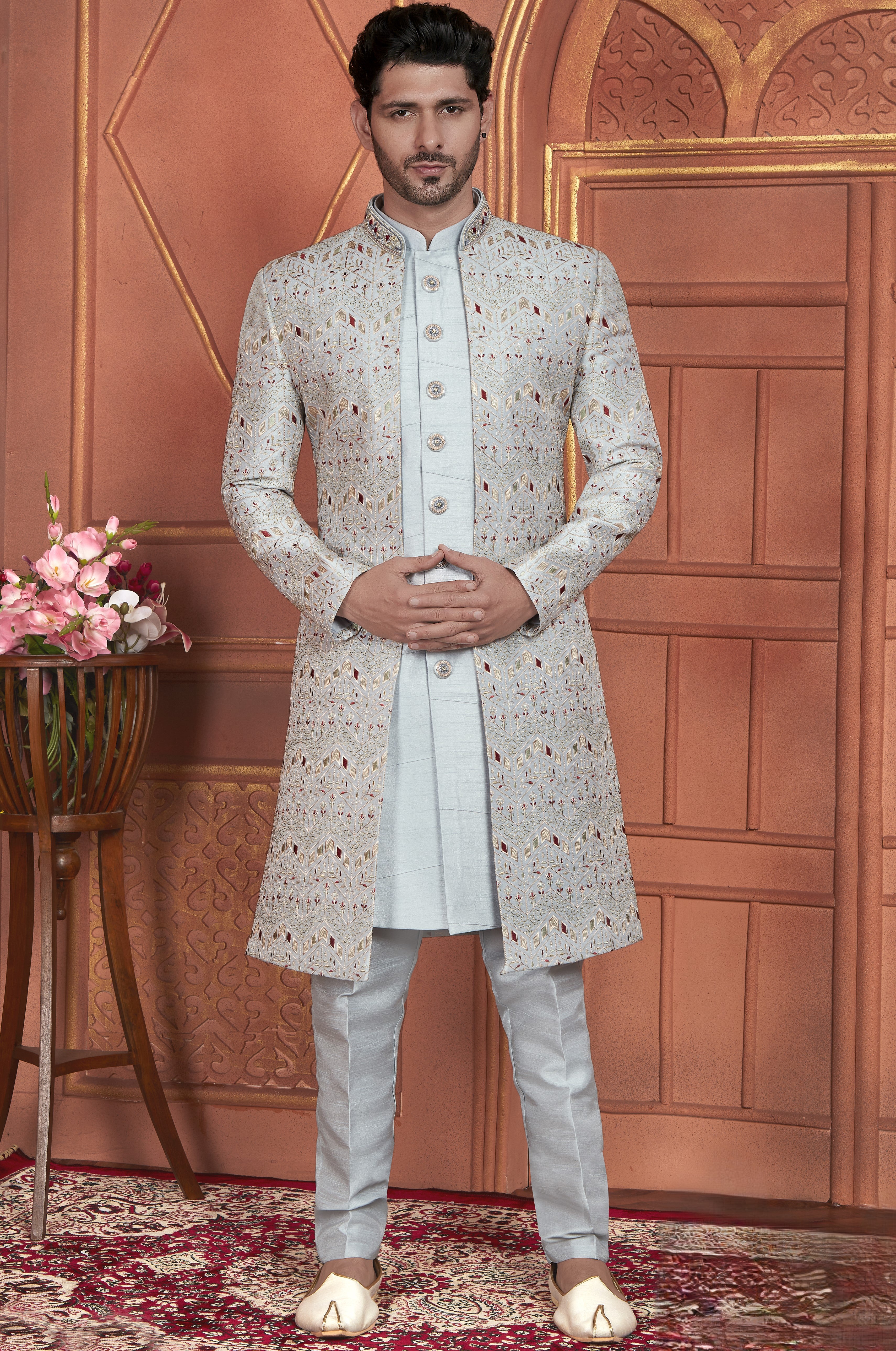 Gray Art Silk Indo Western Traditional Sherwani Kurta with Jacket & Pant for Men for Wedding - Thread Embroidery Work