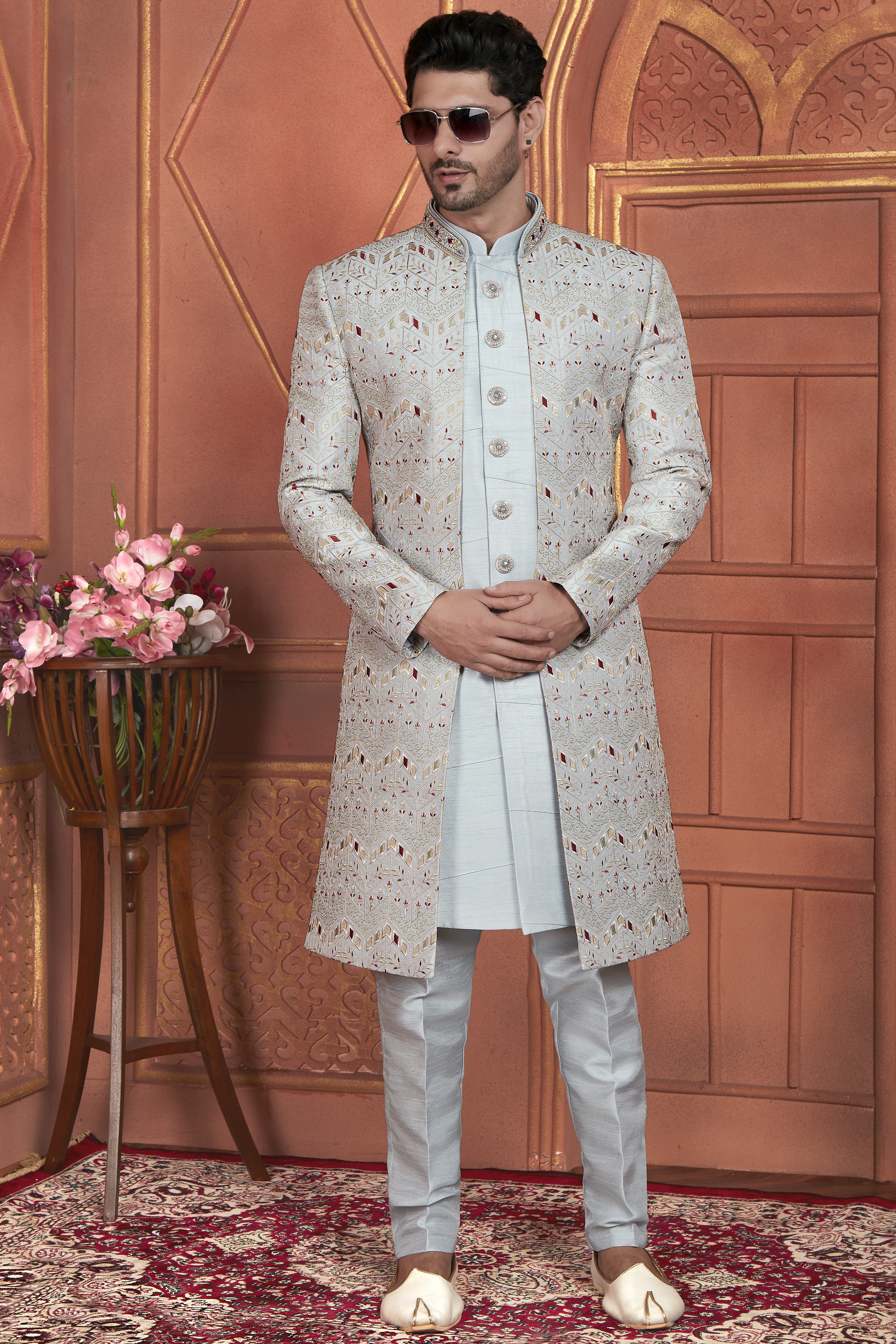 Gray Art Silk Indo Western Traditional Sherwani Kurta with Jacket & Pant for Men for Wedding - Thread Embroidery Work