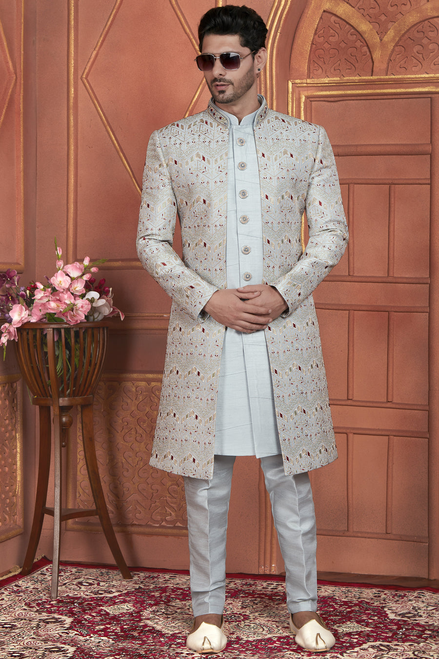 Gray Art Silk Indo Western Traditional Sherwani Kurta with Jacket & Pant for Men for Wedding - Thread Embroidery Work