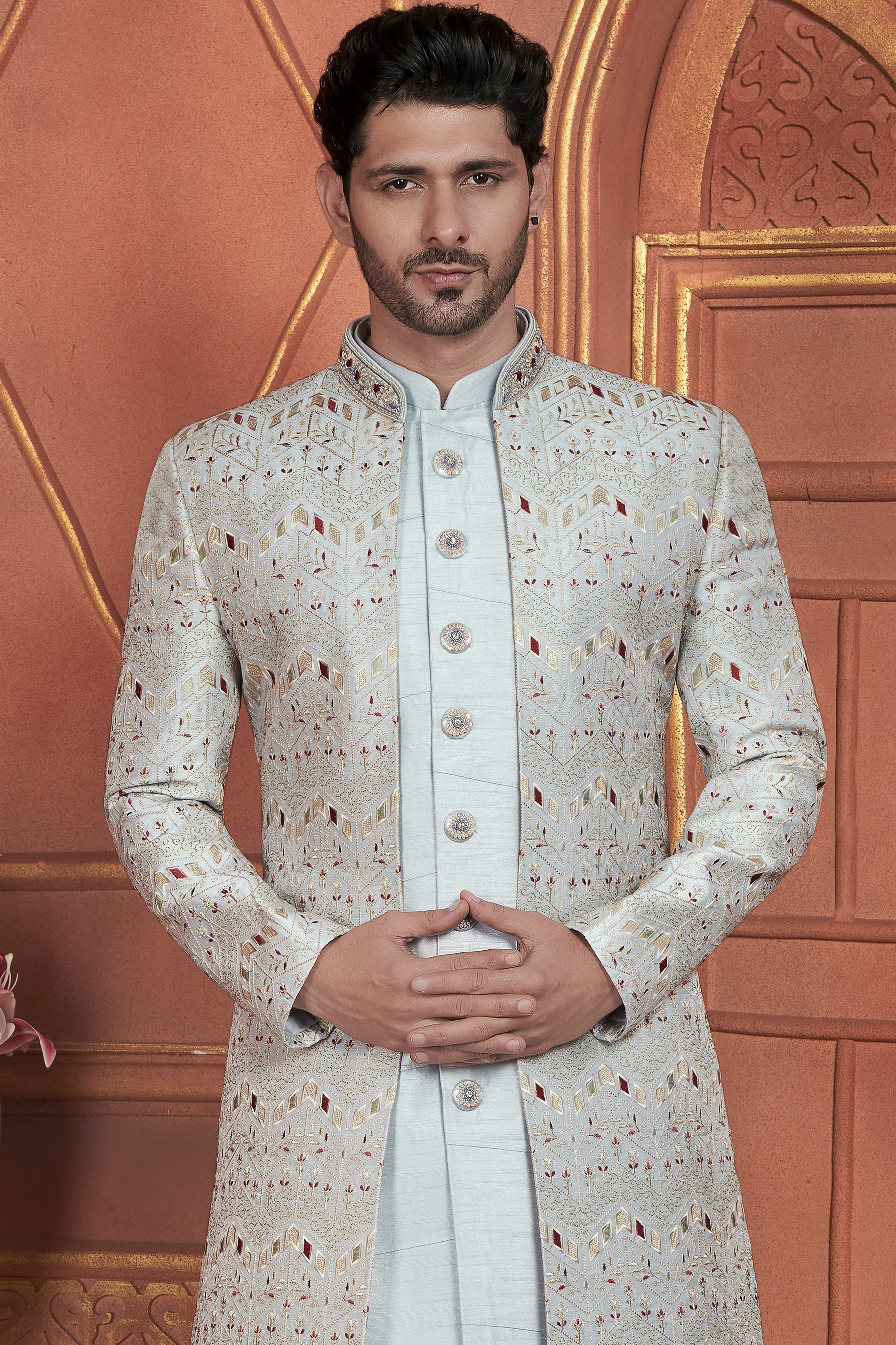 Gray Art Silk Indo Western Traditional Sherwani Kurta with Jacket & Pant for Men for Wedding - Thread Embroidery Work
