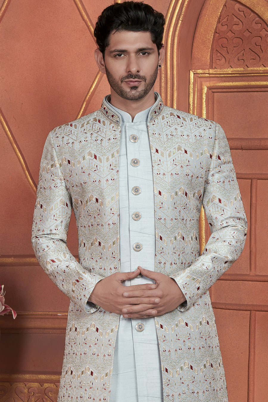 Gray Art Silk Indo Western Traditional Sherwani Kurta with Jacket & Pant for Men for Wedding - Thread Embroidery Work