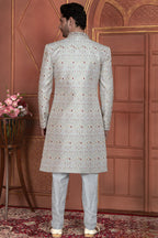 Gray Art Silk Indo Western Traditional Sherwani Kurta with Jacket & Pant for Men for Wedding - Thread Embroidery Work
