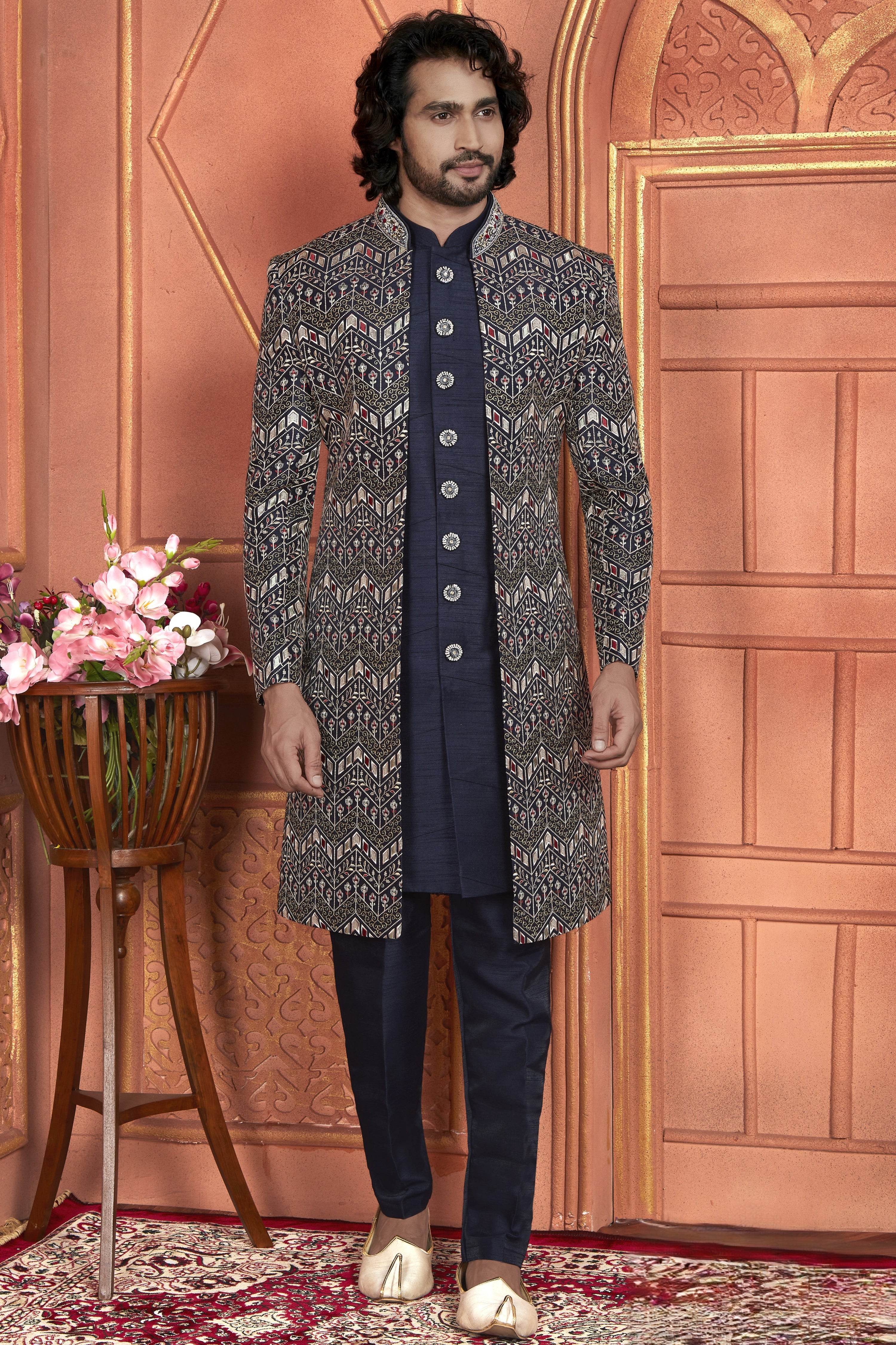 Navy Blue Art Silk Indo Western Traditional Sherwani Kurta with Jacket & Pant for Men for Wedding - Thread Embroidery Work