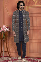 Navy Blue Art Silk Indo Western Traditional Sherwani Kurta with Jacket & Pant for Men for Wedding - Thread Embroidery Work