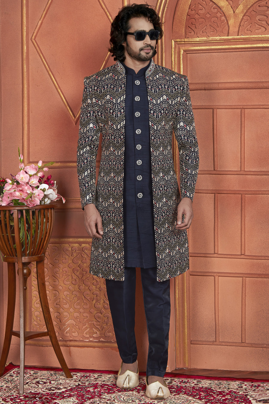 Navy Blue Art Silk Indo Western Traditional Sherwani Kurta with Jacket & Pant for Men for Wedding - Thread Embroidery Work