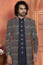 Navy Blue Art Silk Indo Western Traditional Sherwani Kurta with Jacket & Pant for Men for Wedding - Thread Embroidery Work