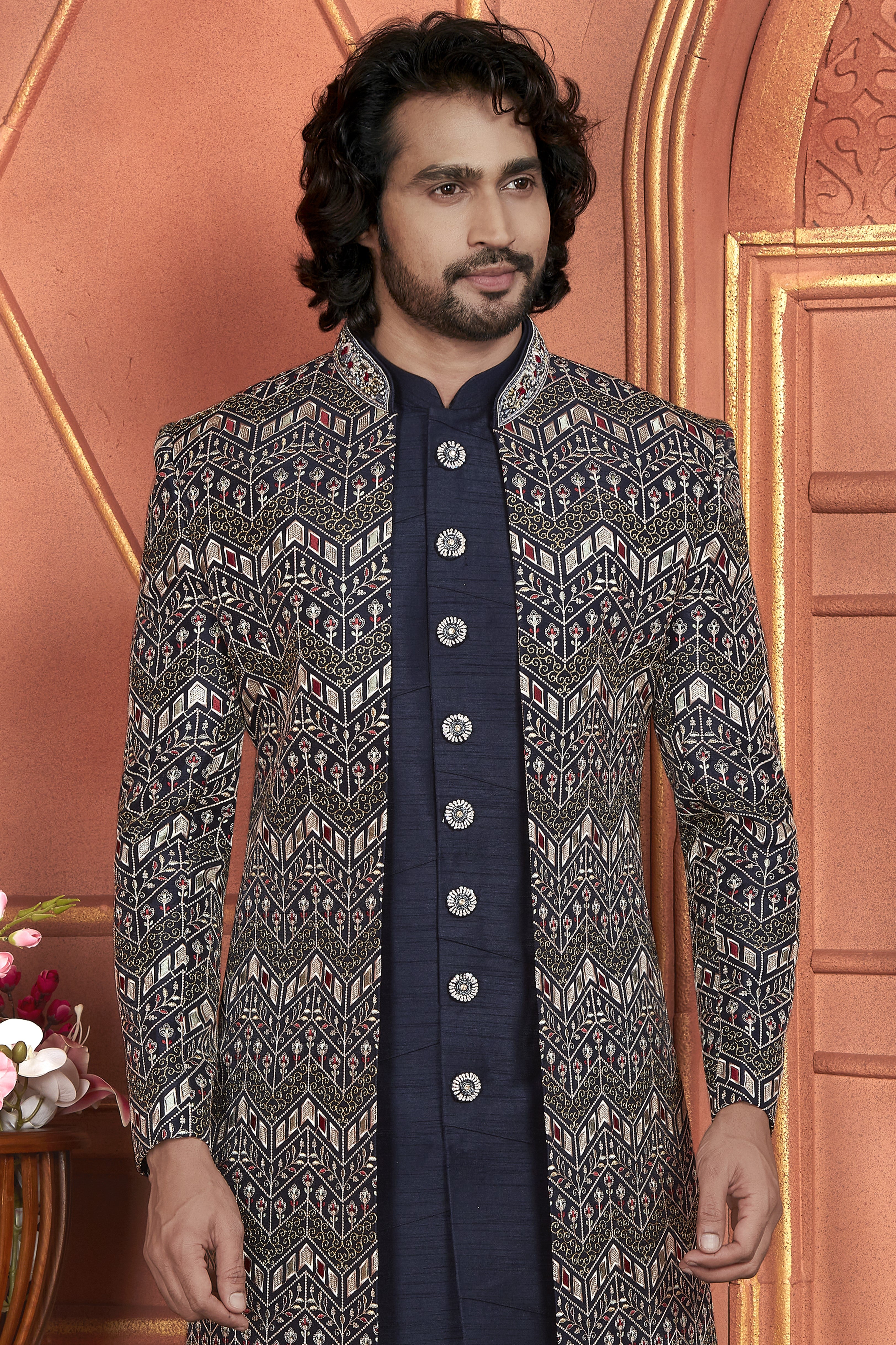 Navy Blue Art Silk Indo Western Traditional Sherwani Kurta with Jacket & Pant for Men for Wedding - Thread Embroidery Work