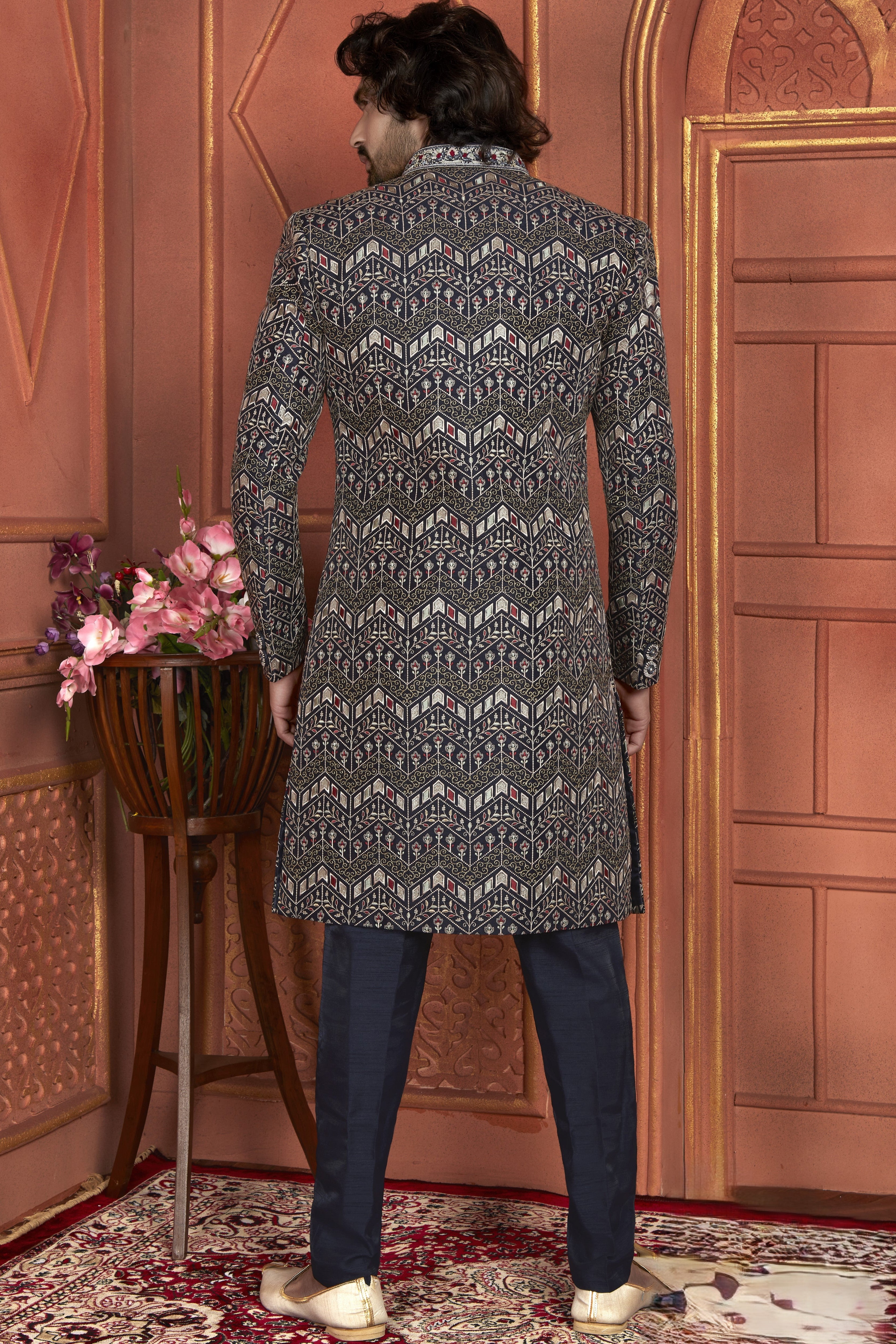Navy Blue Art Silk Indo Western Traditional Sherwani Kurta with Jacket & Pant for Men for Wedding - Thread Embroidery Work