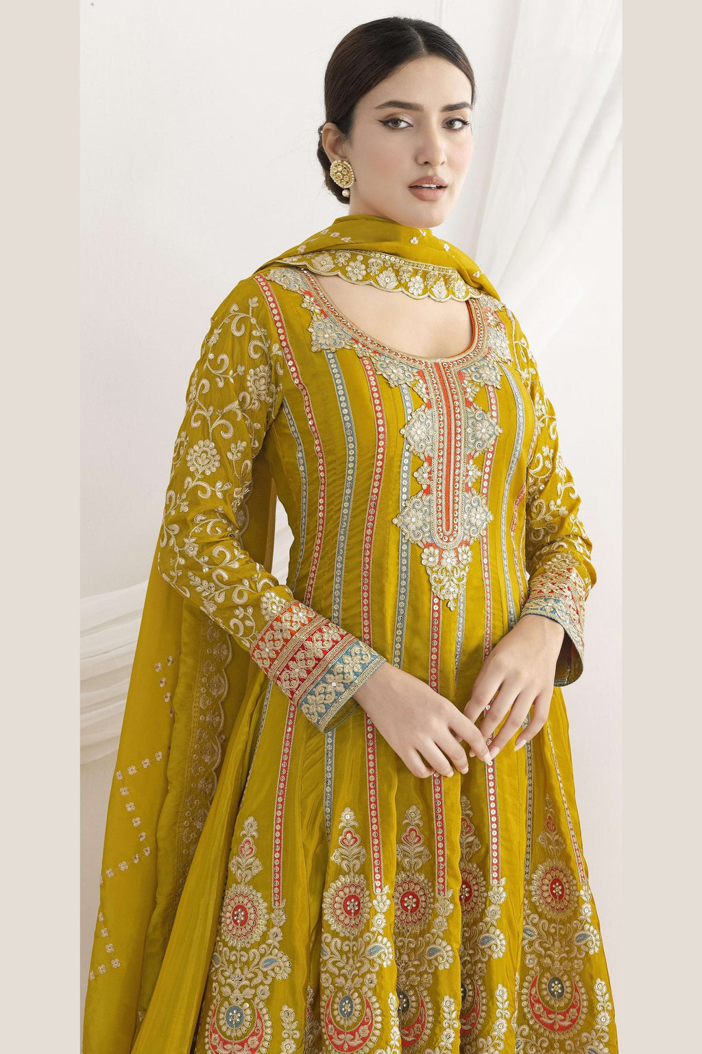 Yellow Chinon Silk Kameez With Pant For Indian & Pakistani Wedding Festival - Resham Embroidery Work, Sequence Embroidery Work, Dori Work