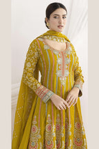 Yellow Chinon Silk Kameez With Pant For Indian & Pakistani Wedding Festival - Resham Embroidery Work, Sequence Embroidery Work, Dori Work