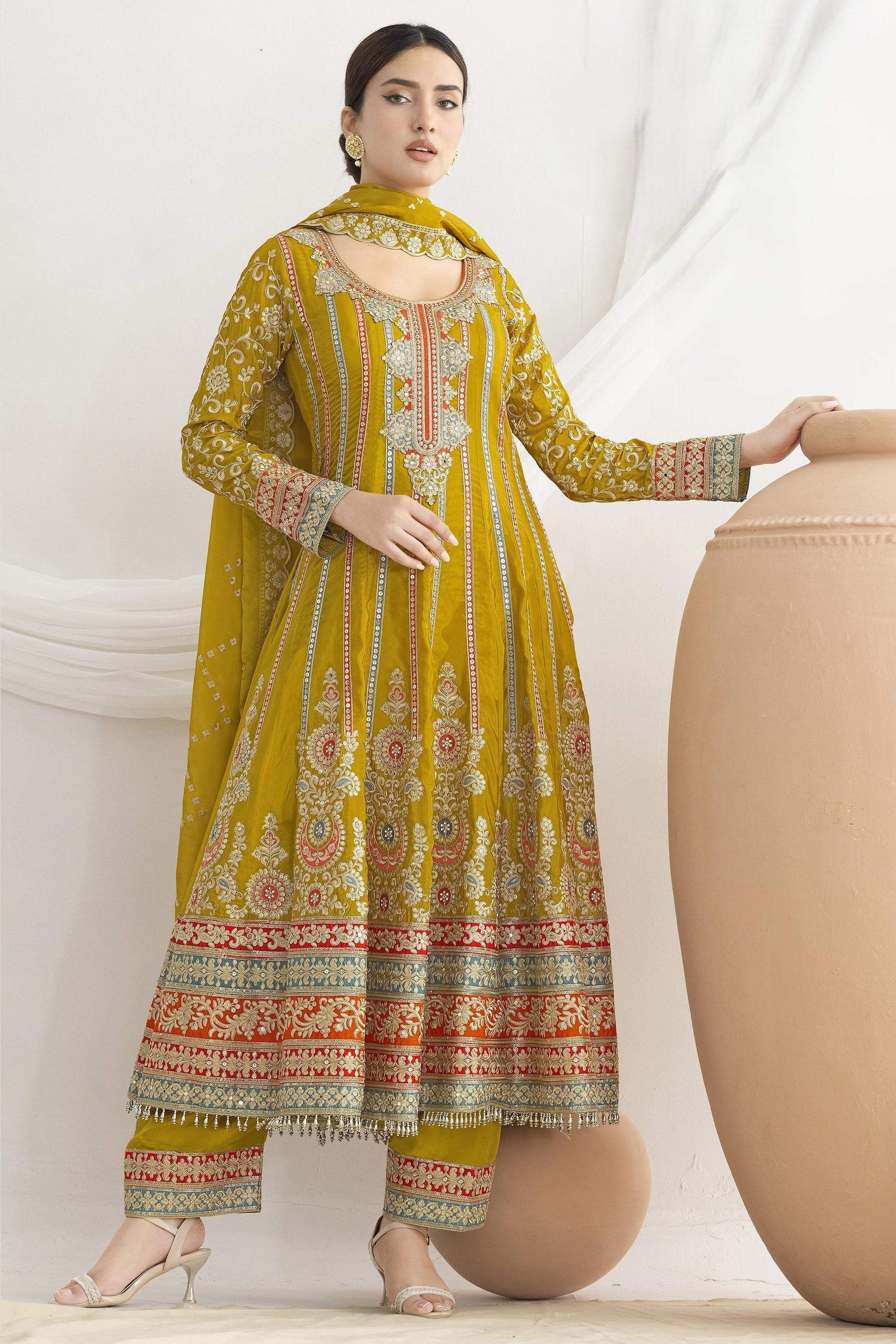 Yellow Chinon Silk Kameez With Pant For Indian & Pakistani Wedding Festival - Resham Embroidery Work, Sequence Embroidery Work, Dori Work