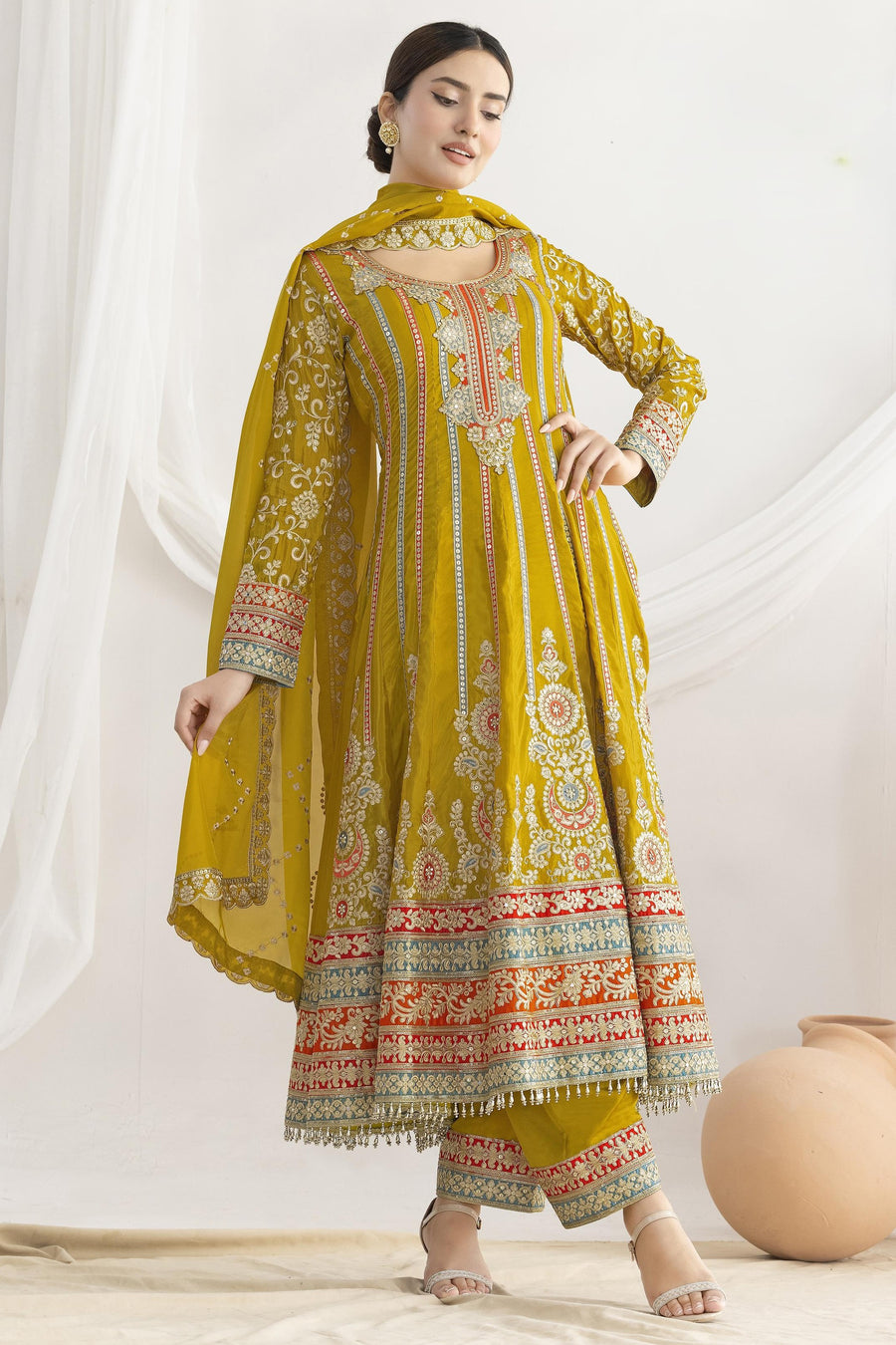 Yellow Chinon Silk Kameez With Pant For Indian & Pakistani Wedding Festival - Resham Embroidery Work, Sequence Embroidery Work, Dori Work