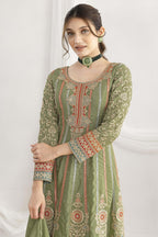 Green Chinon Silk Kameez With Pant For Indian & Pakistani Wedding Festival - Resham Embroidery Work, Sequence Embroidery Work, Dori Work