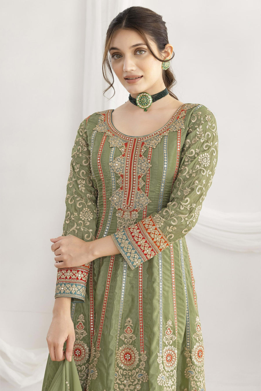 Green Chinon Silk Kameez With Pant For Indian & Pakistani Wedding Festival - Resham Embroidery Work, Sequence Embroidery Work, Dori Work