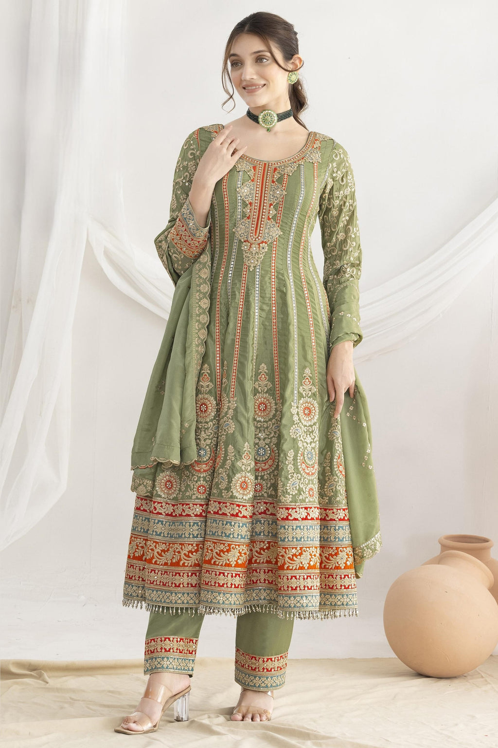 Green Chinon Silk Kameez With Pant For Indian & Pakistani Wedding Festival - Resham Embroidery Work, Sequence Embroidery Work, Dori Work