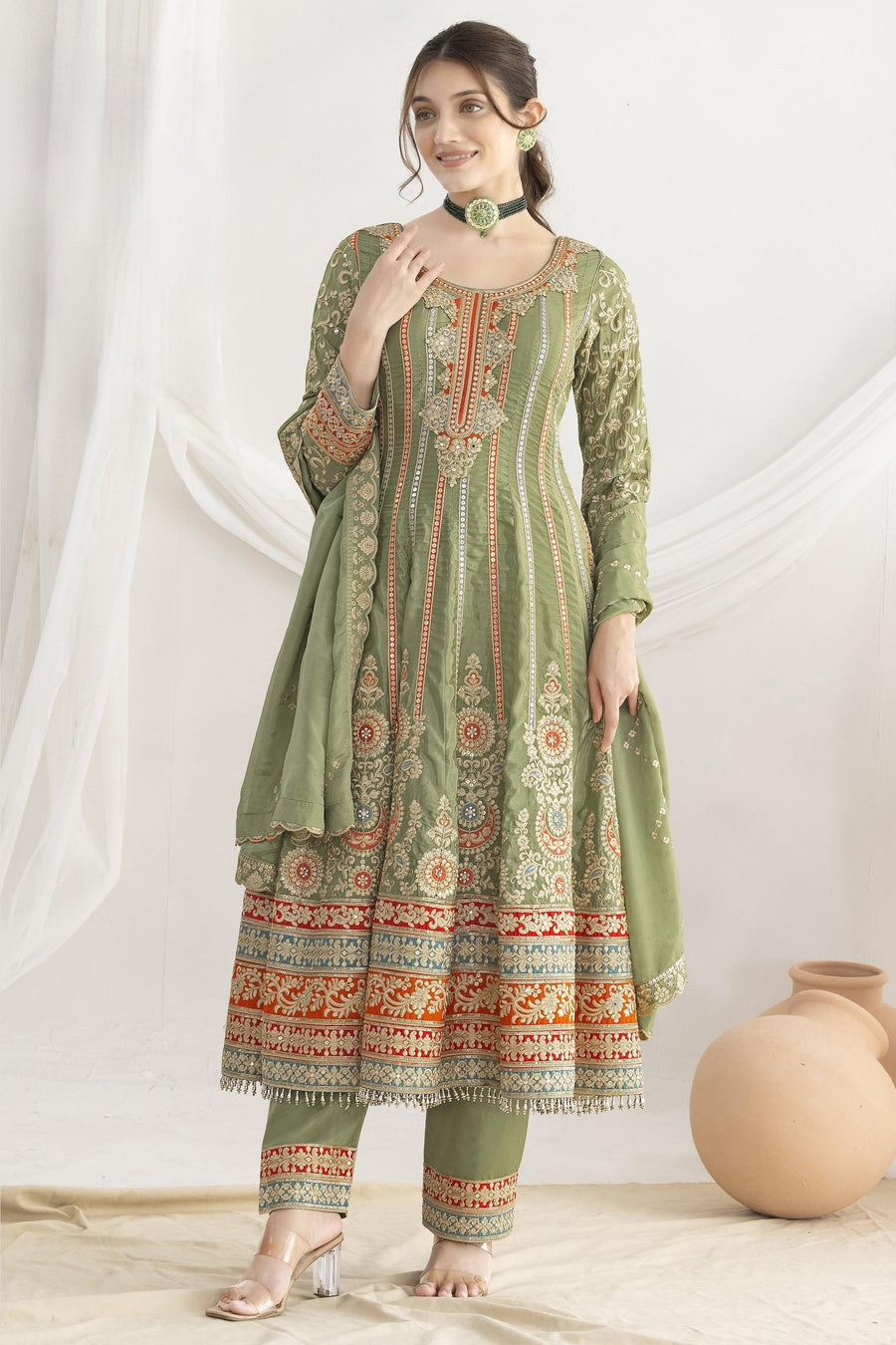 Green Chinon Silk Kameez With Pant For Indian & Pakistani Wedding Festival - Resham Embroidery Work, Sequence Embroidery Work, Dori Work