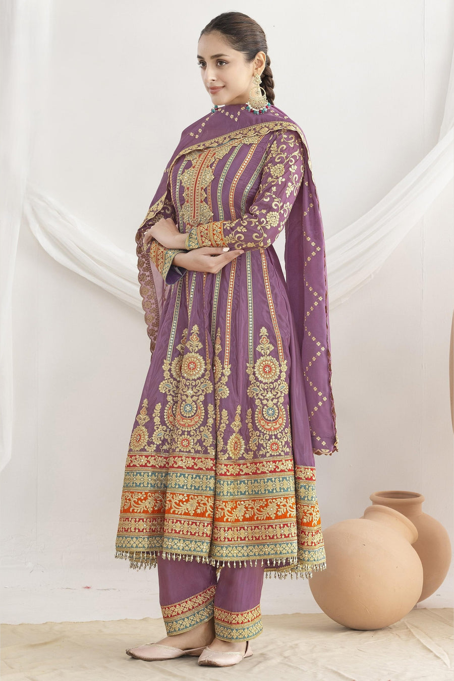 Rose Gold Chinon Silk Kameez With Pant For Indian & Pakistani Wedding Festival - Resham Embroidery Work, Sequence Embroidery Work, Dori Work