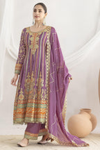 Purple Chinon Silk Kameez With Pant For Indian & Pakistani Wedding Festival - Resham Embroidery Work, Sequence Embroidery Work, Dori Work