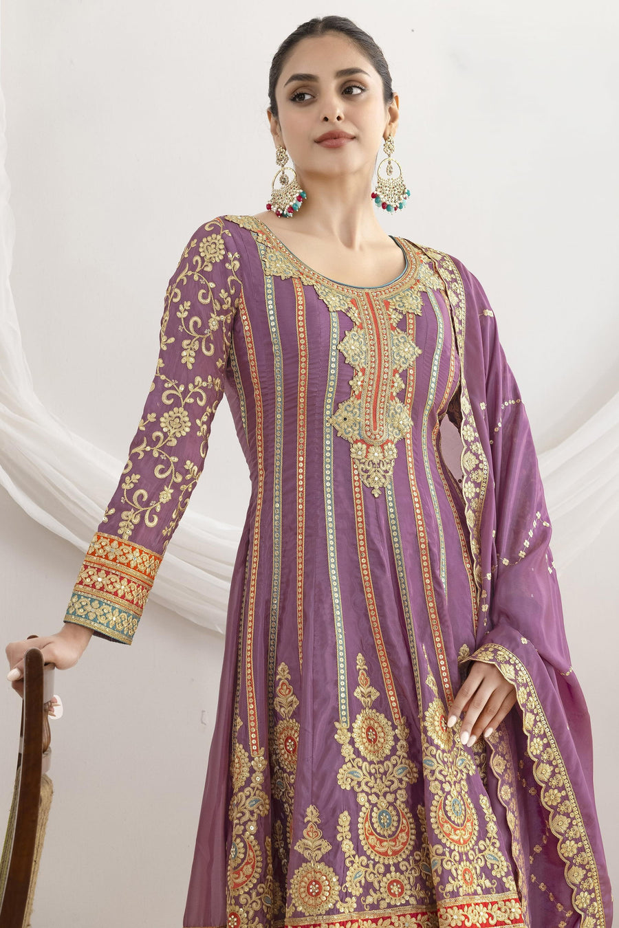 Purple Chinon Silk Kameez With Pant For Indian & Pakistani Wedding Festival - Resham Embroidery Work, Sequence Embroidery Work, Dori Work