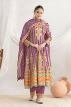 Purple Chinon Silk Kameez With Pant For Indian & Pakistani Wedding Festival - Resham Embroidery Work, Sequence Embroidery Work, Dori Work