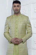 Green Jacquard Silk Indowestern Suit Long Kurta with Jacket & Pant for Men for Wedding - Jacquard Work