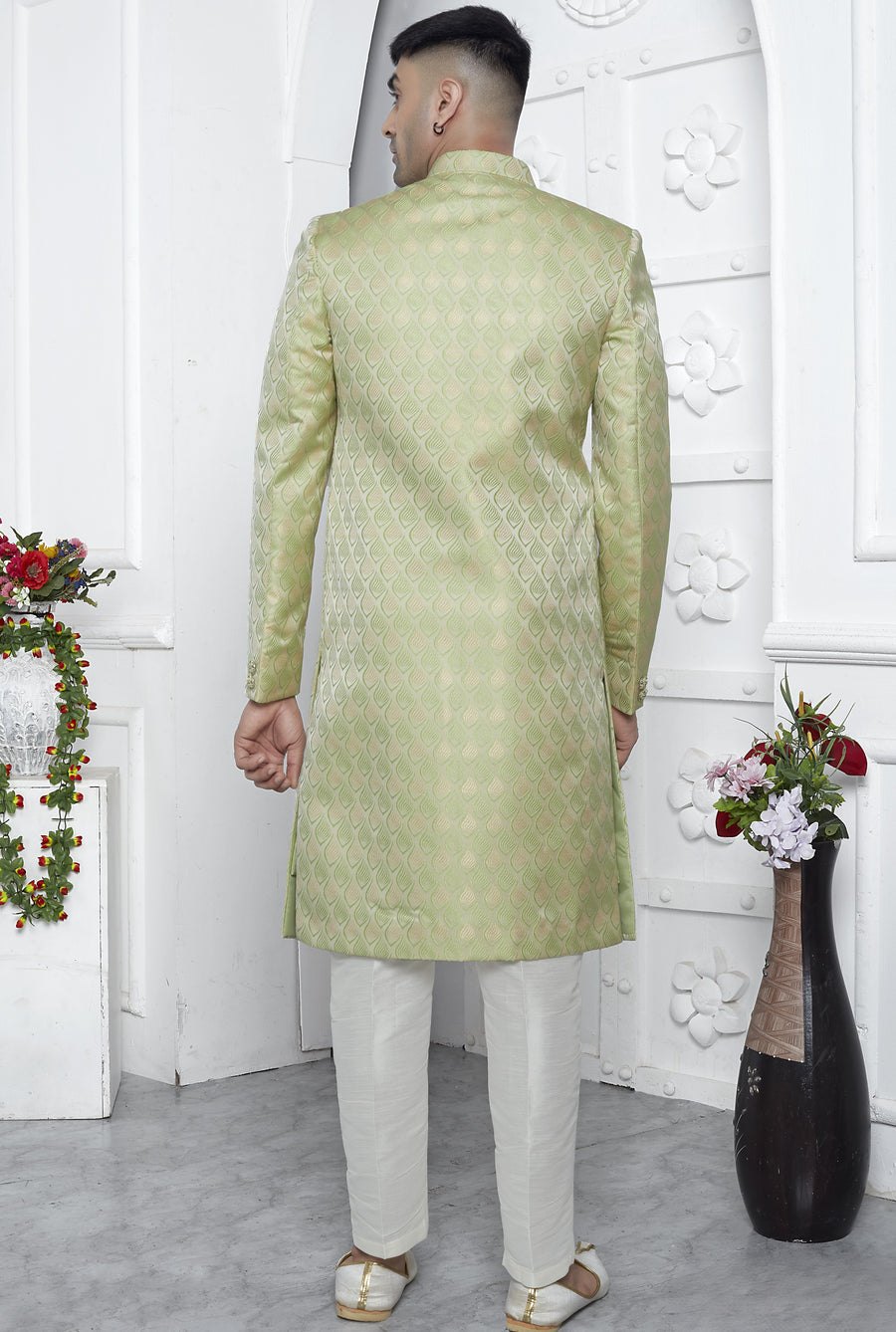 Green Jacquard Silk Indowestern Suit Long Kurta with Jacket & Pant for Men for Wedding - Jacquard Work