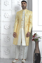 Yellow Jacquard Silk Indowestern Suit Long Kurta with Jacket & Pant for Men for Wedding - Jacquard Work