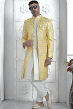 Yellow Jacquard Silk Indowestern Suit Long Kurta with Jacket & Pant for Men for Wedding - Jacquard Work