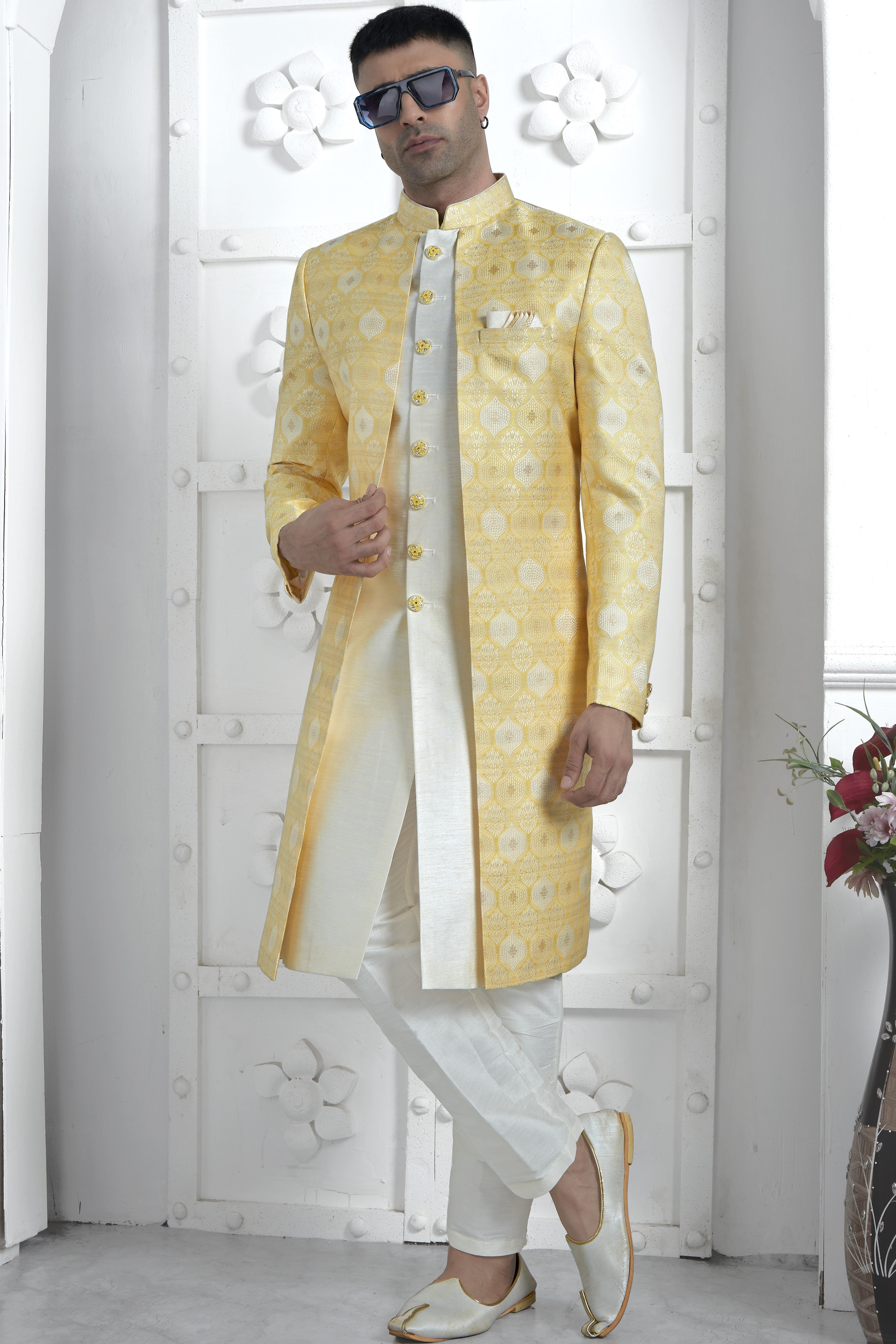 Yellow Jacquard Silk Indowestern Suit Long Kurta with Jacket & Pant for Men for Wedding - Jacquard Work