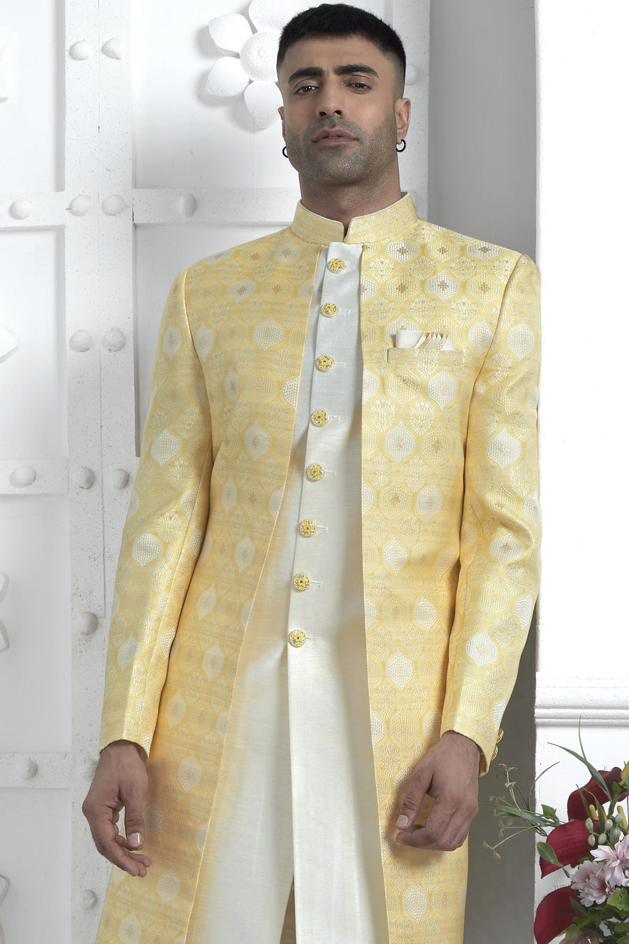 Yellow Jacquard Silk Indowestern Suit Long Kurta with Jacket & Pant for Men for Wedding - Jacquard Work