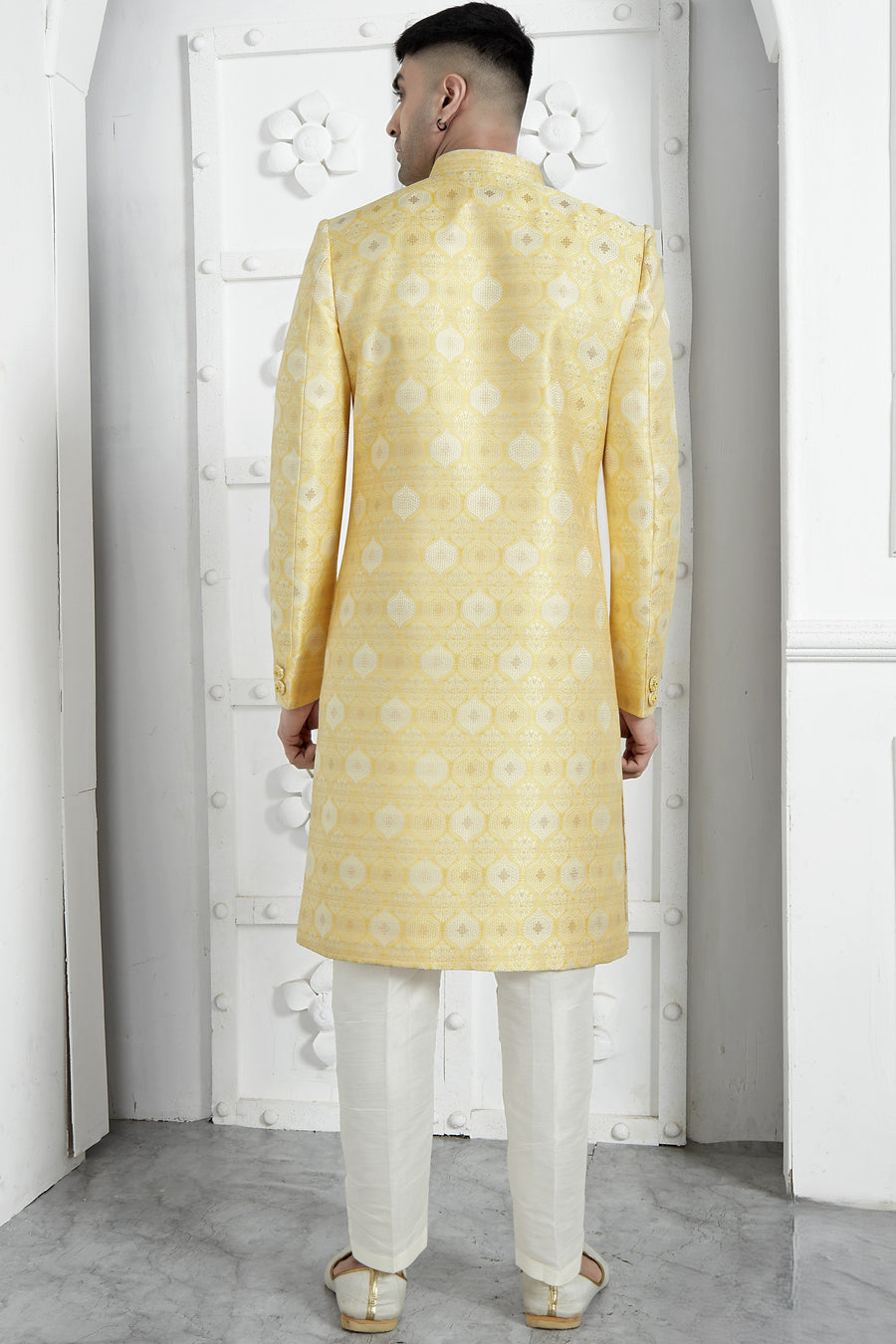 Yellow Jacquard Silk Indowestern Suit Long Kurta with Jacket & Pant for Men for Wedding - Jacquard Work