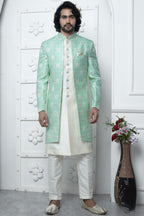 Mint Green Jacquard Silk Indowestern Suit Long Kurta with Jacket & Pant for Men for Wedding - Jacquard Work