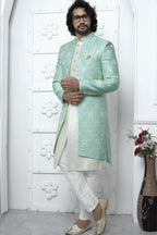 Mint Green Jacquard Silk Indowestern Suit Long Kurta with Jacket & Pant for Men for Wedding - Jacquard Work