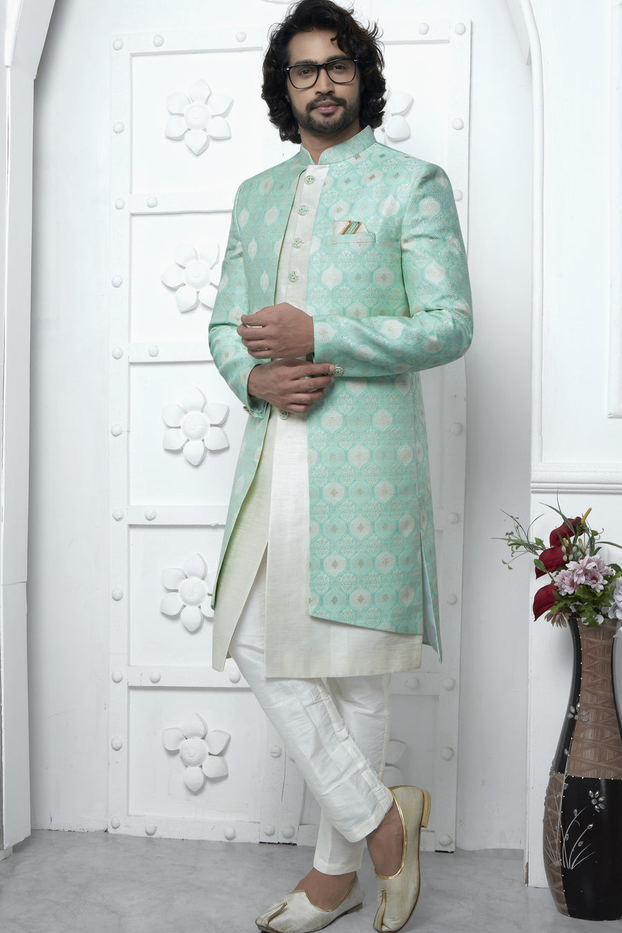 Mint Green Jacquard Silk Indowestern Suit Long Kurta with Jacket & Pant for Men for Wedding - Jacquard Work