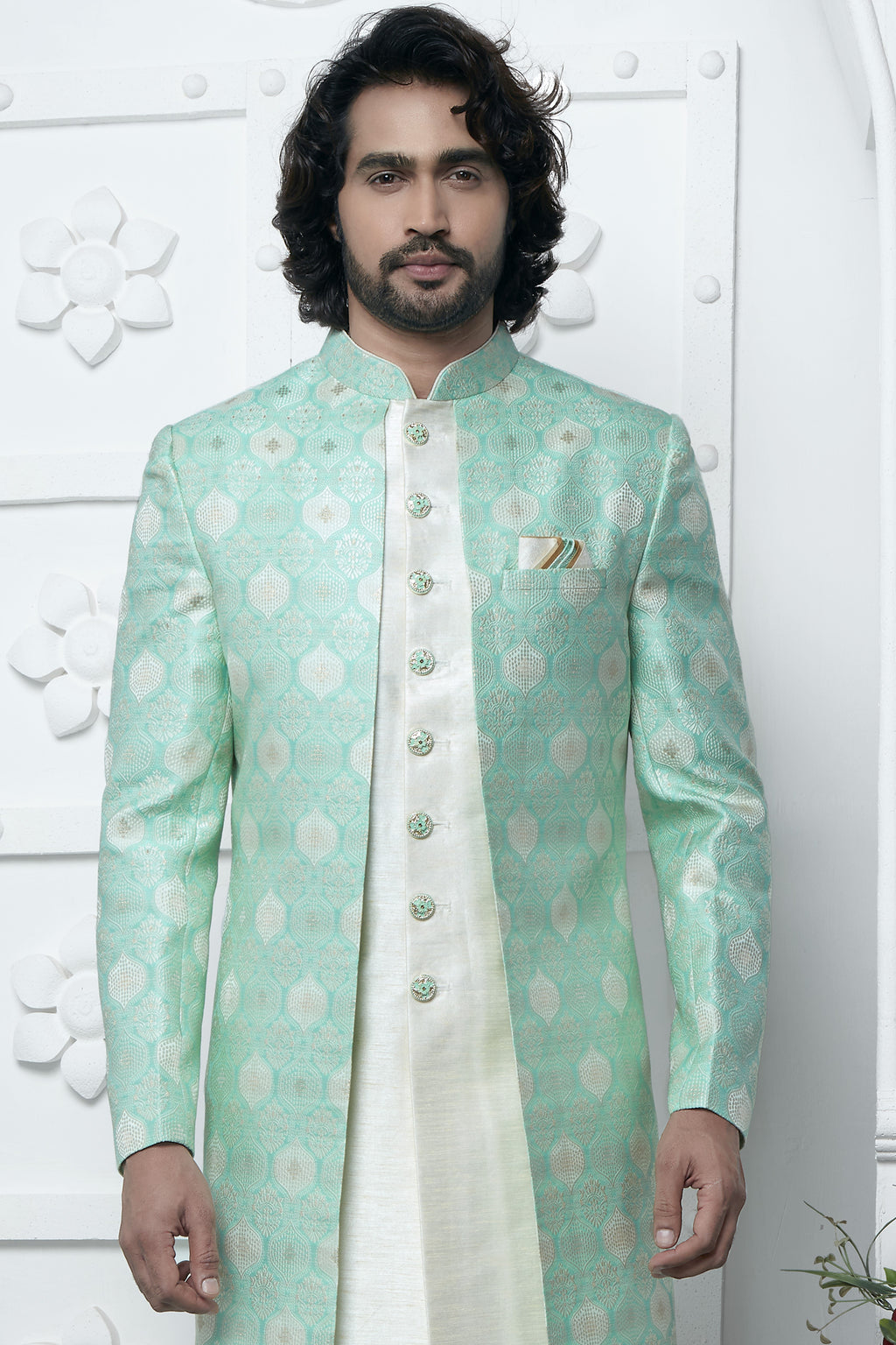 Mint Green Jacquard Silk Indowestern Suit Long Kurta with Jacket & Pant for Men for Wedding - Jacquard Work