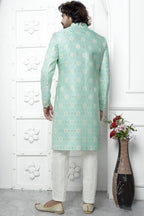 Mint Green Jacquard Silk Indowestern Suit Long Kurta with Jacket & Pant for Men for Wedding - Jacquard Work