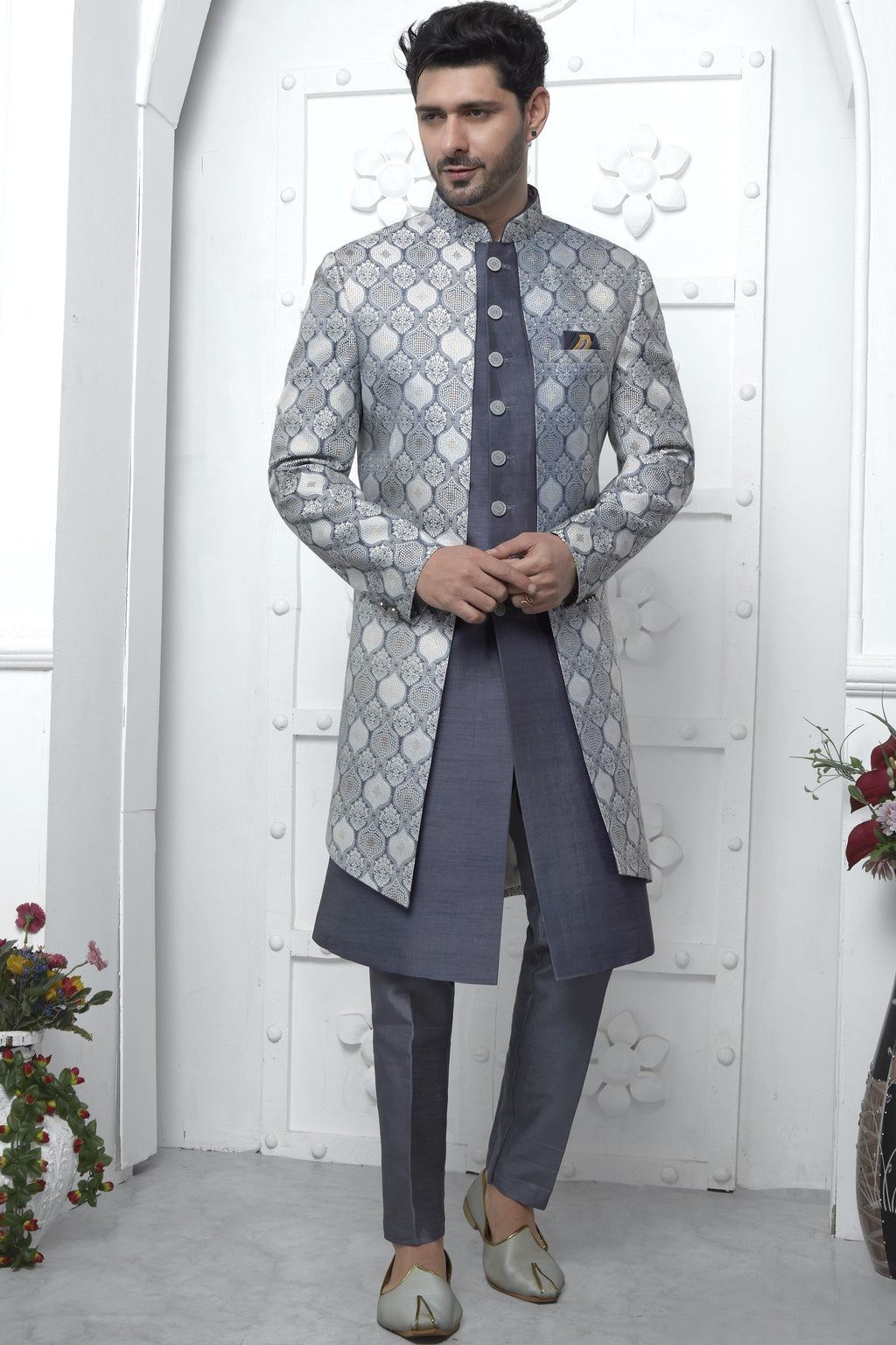Gray Jacquard Silk Indowestern Suit Long Kurta with Jacket & Pant for Men for Wedding - Jacquard Work