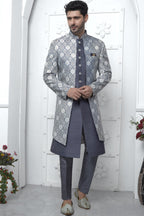 Gray Jacquard Silk Indowestern Suit Long Kurta with Jacket & Pant for Men for Wedding - Jacquard Work