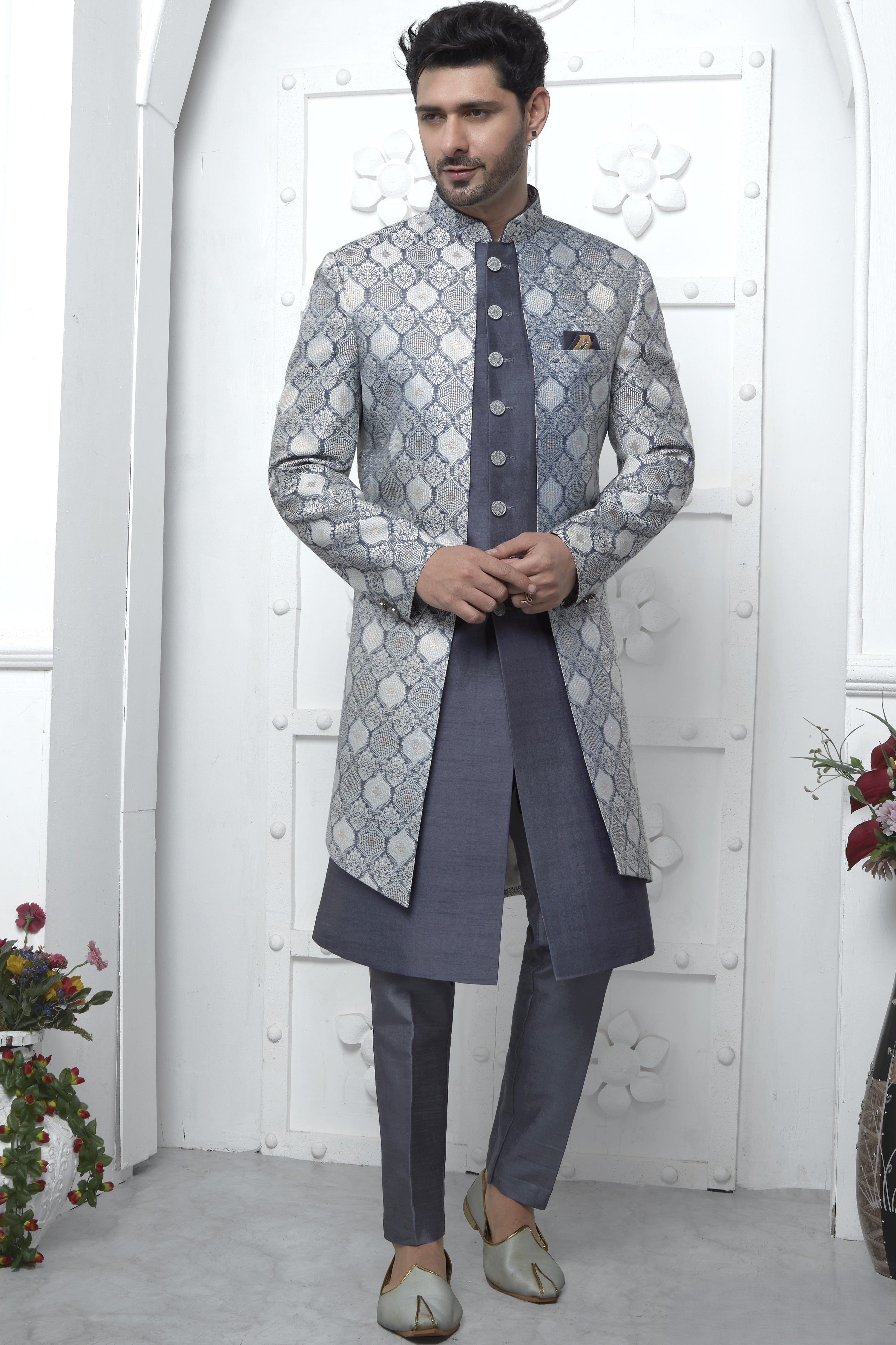 Gray Jacquard Silk Indowestern Suit Long Kurta with Jacket & Pant for Men for Wedding - Jacquard Work