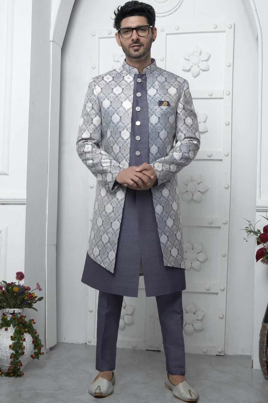 Gray Jacquard Silk Indowestern Suit Long Kurta with Jacket & Pant for Men for Wedding - Jacquard Work