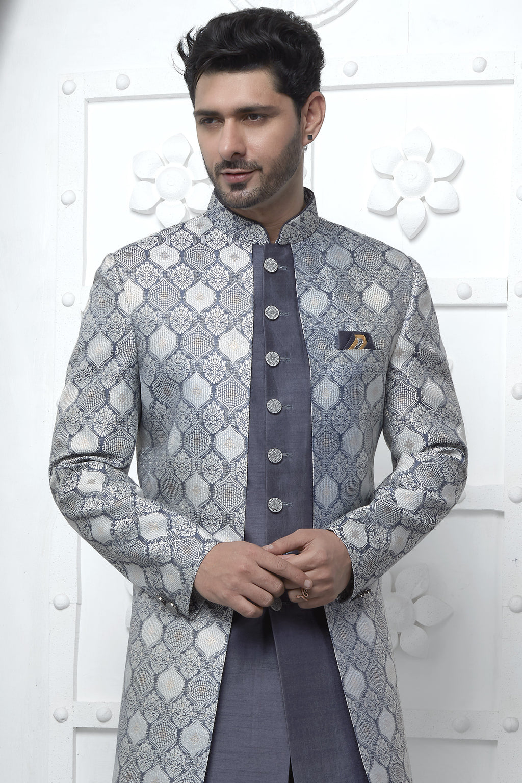 Gray Jacquard Silk Indowestern Suit Long Kurta with Jacket & Pant for Men for Wedding - Jacquard Work
