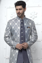 Gray Jacquard Silk Indowestern Suit Long Kurta with Jacket & Pant for Men for Wedding - Jacquard Work