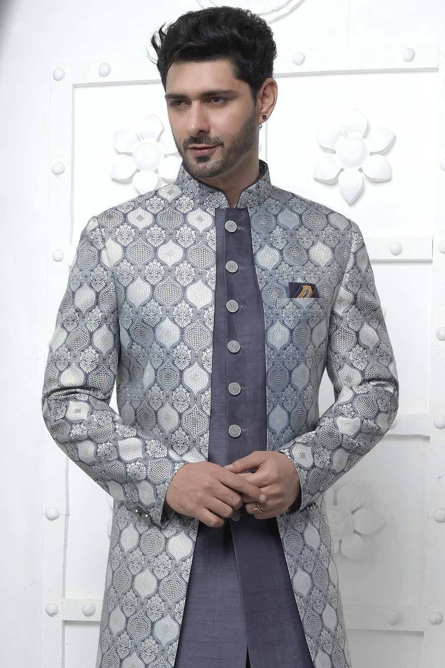 Gray Jacquard Silk Indowestern Suit Long Kurta with Jacket & Pant for Men for Wedding - Jacquard Work