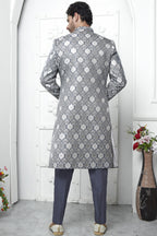 Gray Jacquard Silk Indowestern Suit Long Kurta with Jacket & Pant for Men for Wedding - Jacquard Work