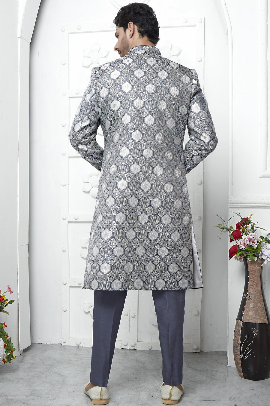 Gray Jacquard Silk Indowestern Suit Long Kurta with Jacket & Pant for Men for Wedding - Jacquard Work