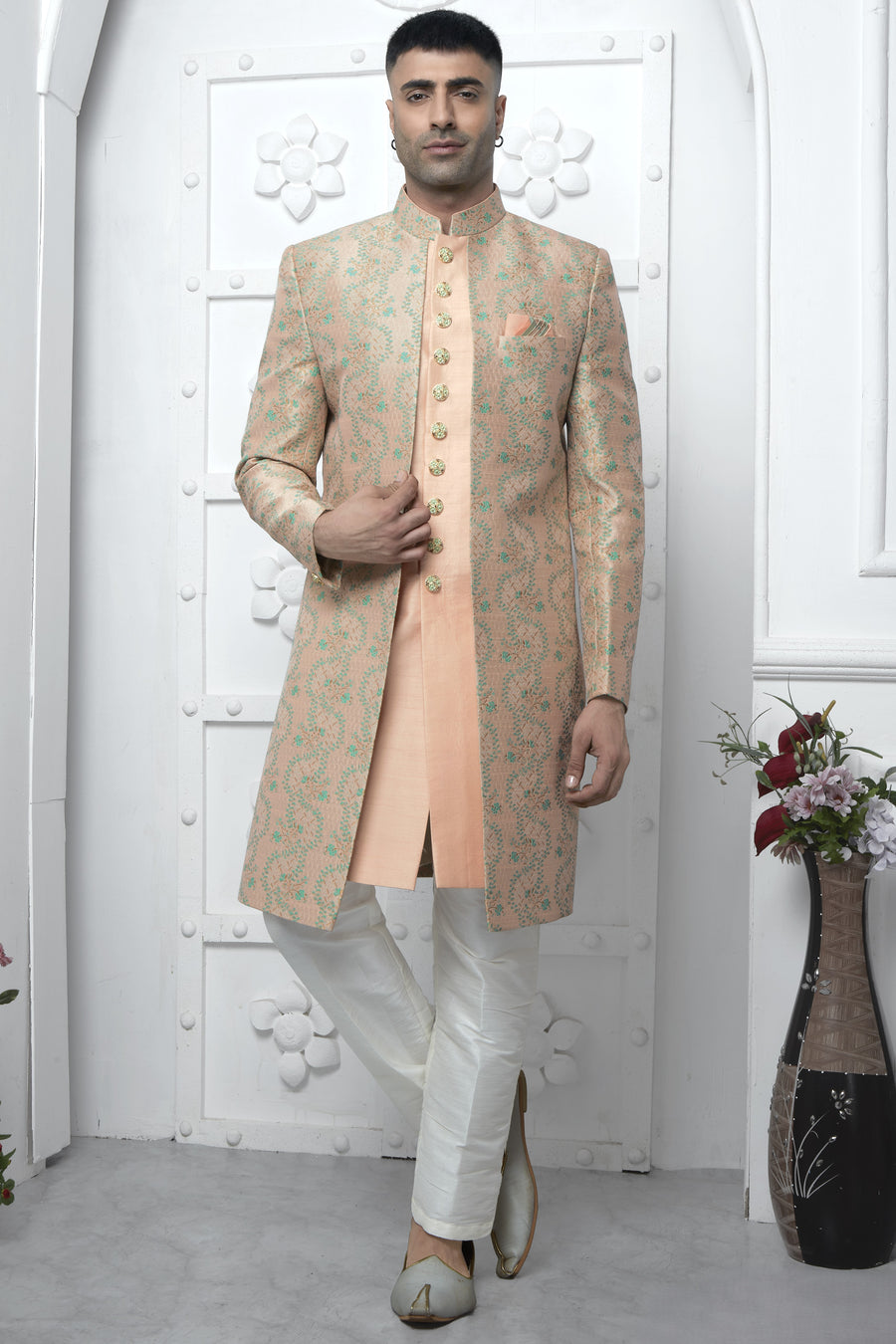Peach Jacquard Silk Indowestern Suit Long Kurta with Jacket & Pant for Men for Wedding - Jacquard Work