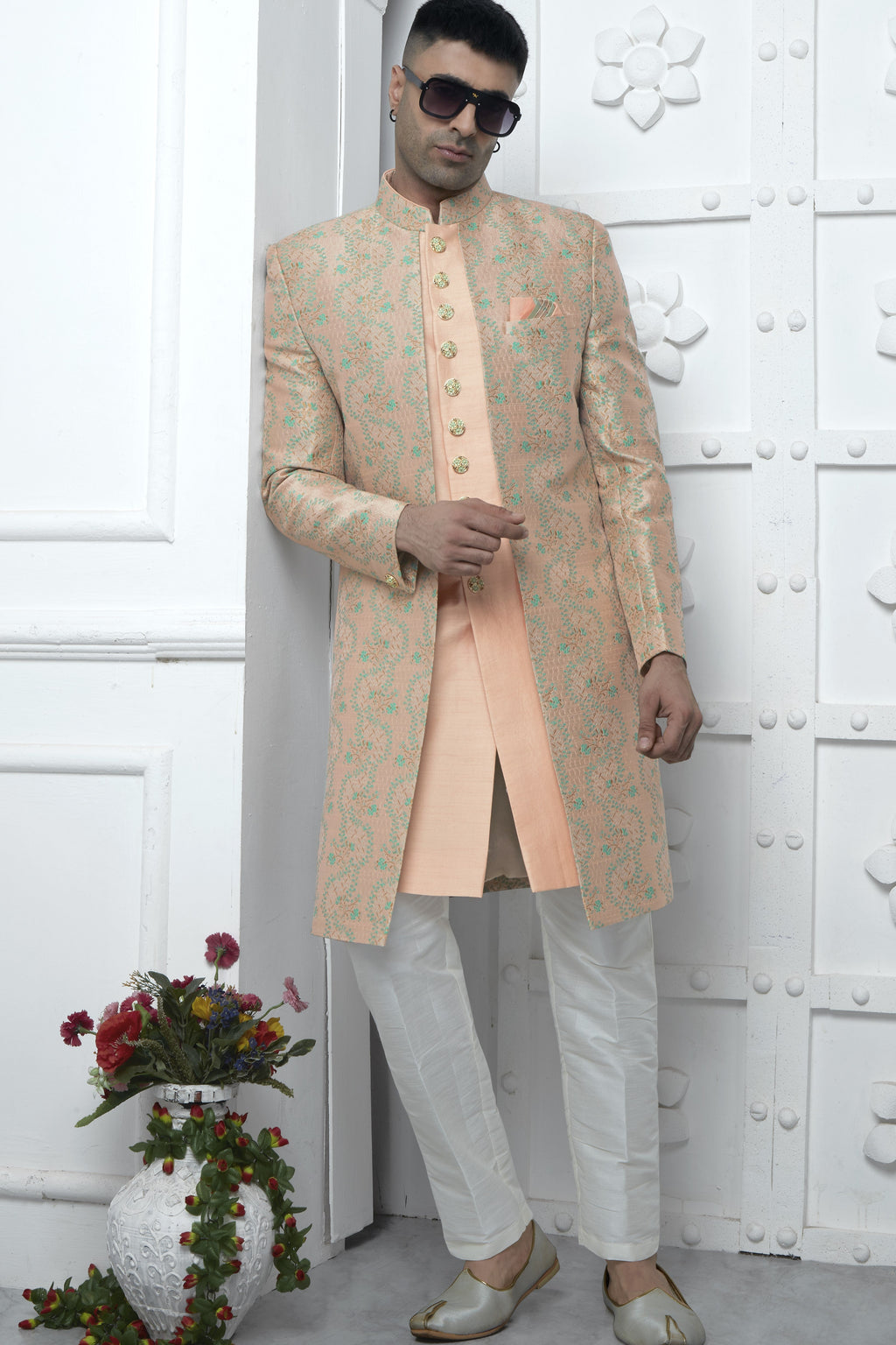 Peach Jacquard Silk Indowestern Suit Long Kurta with Jacket & Pant for Men for Wedding - Jacquard Work