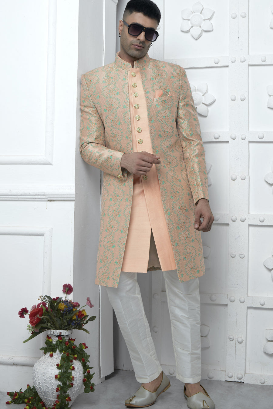 Peach Jacquard Silk Indowestern Suit Long Kurta with Jacket & Pant for Men for Wedding - Jacquard Work