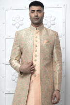 Peach Jacquard Silk Indowestern Suit Long Kurta with Jacket & Pant for Men for Wedding - Jacquard Work