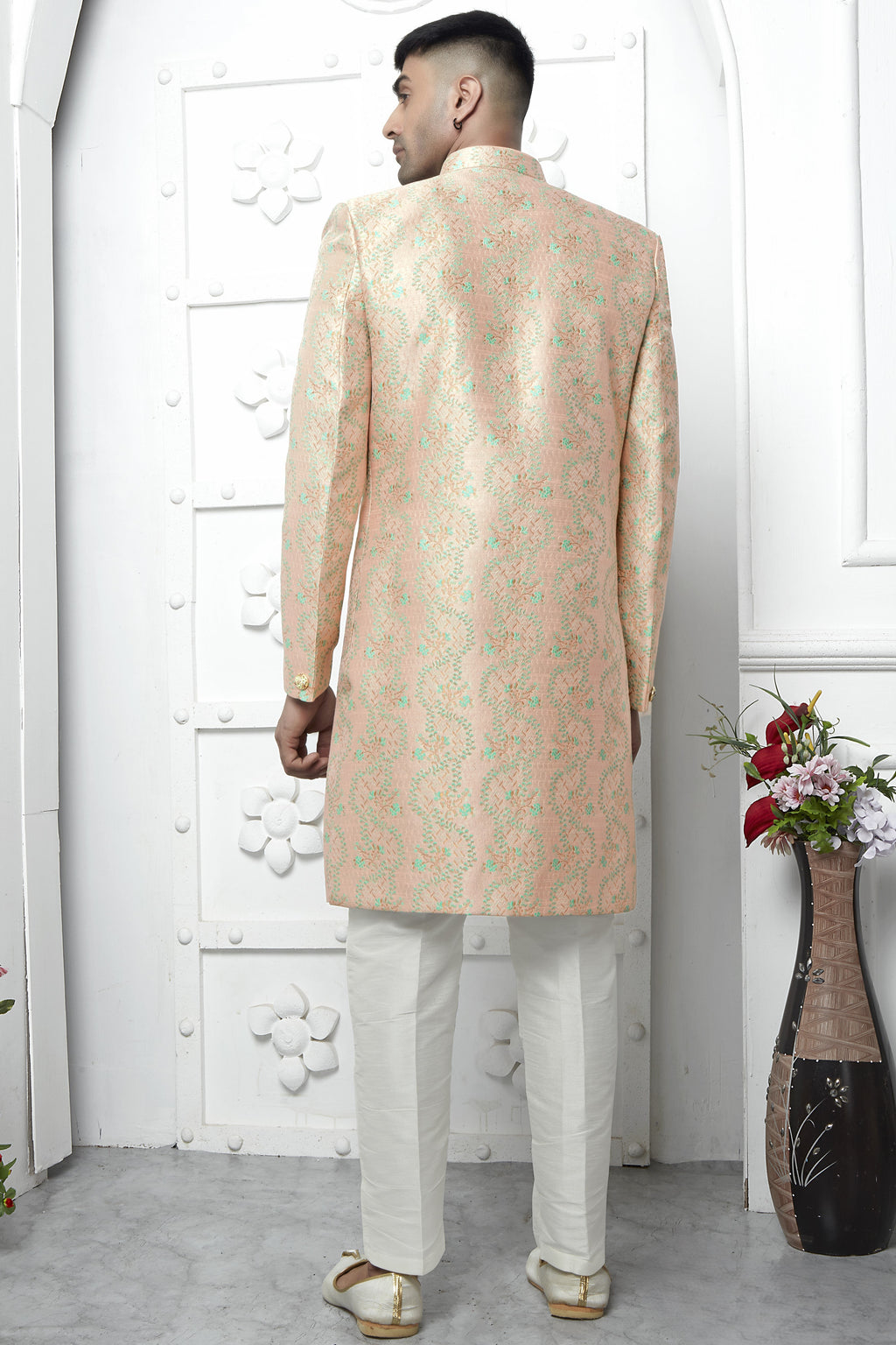 Peach Jacquard Silk Indowestern Suit Long Kurta with Jacket & Pant for Men for Wedding - Jacquard Work